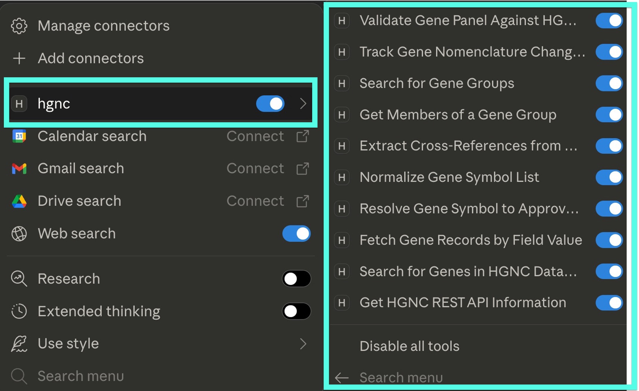 HGNC MCP submenu under Claude Desktop tool settings